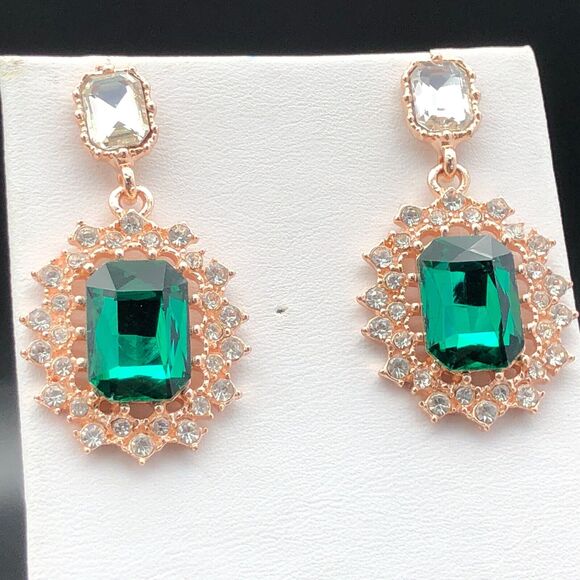 Simulated Emerald Earrings Green and Clear Crystals Cluster Bridal Dangles - Picture 5 of 6